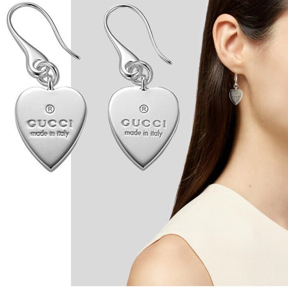 GUCCI EARRINGS STERLING SILVER HEART DROP TRADEMARK LOGO - Picture 1 of 6